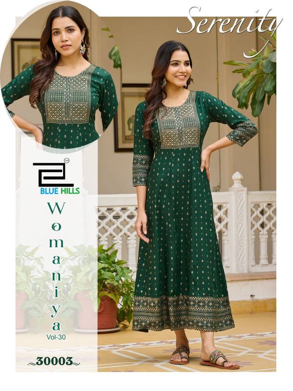 Blue Hills Womaniya Vol 30 Rayon Foil Printed Anarkali Kurti Collection